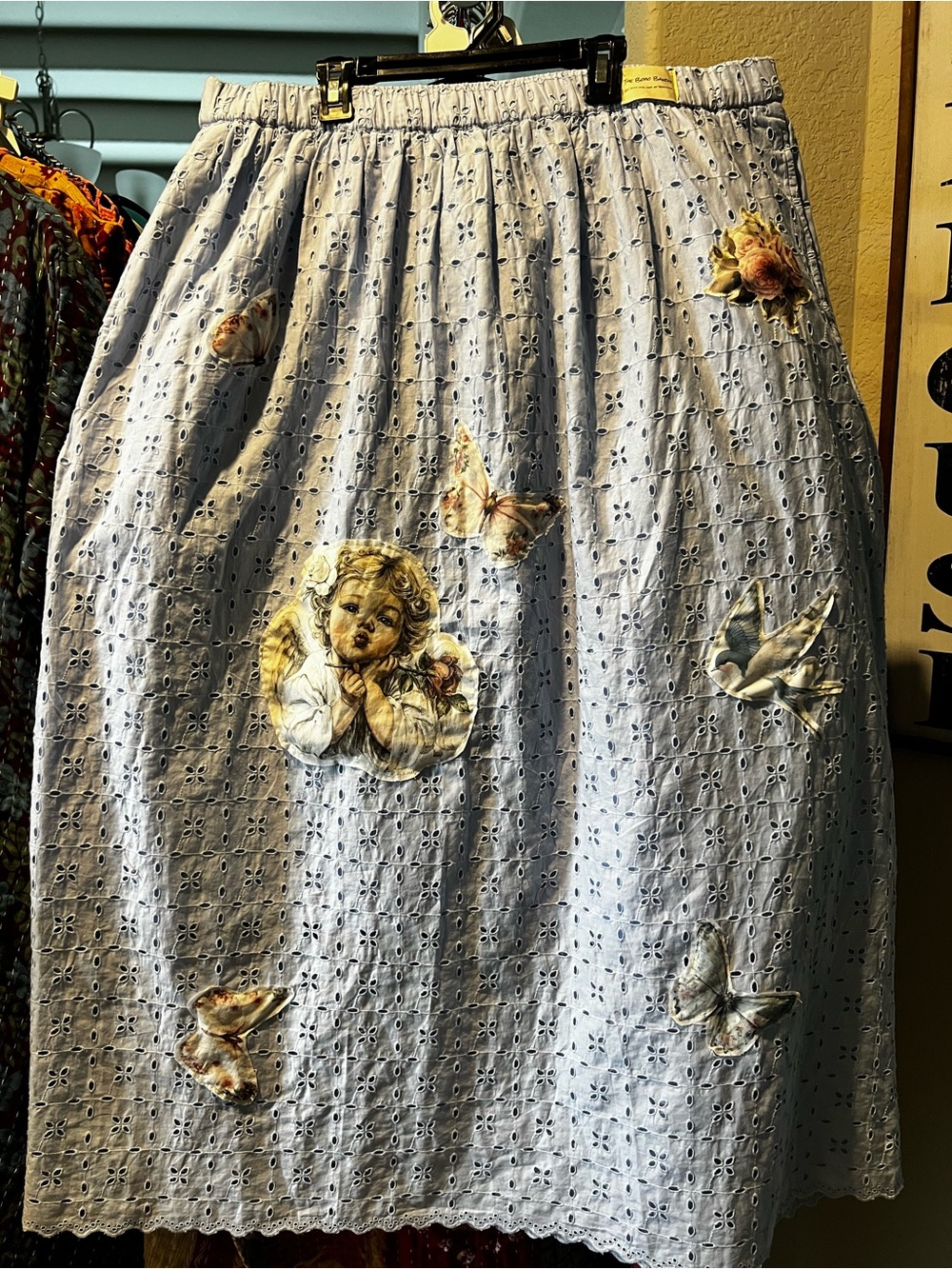 Universal Thread Light Blue Eyelet Maxi Skirt with Angel and Bird Appliqués